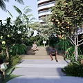 Tropical Garden Landscape With Palm Trees Various Plants Pathway Benches And Plant Shelves