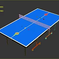 Blue Ping Pong Table Furniture With White Trim Red Legs Net Red Rackets And Balls