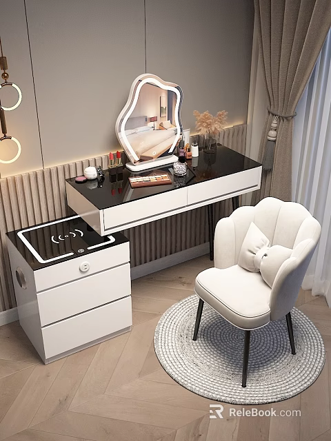 Modern Dressing Table with Black Countertop Decorative Mirror White Cabinet White Padded Chair and Cosmetics 3d model 