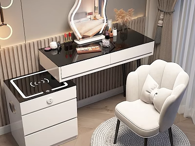 Modern Dressing Table with Black Countertop Decorative Mirror White Cabinet White Padded Chair and Cosmetics 3d model