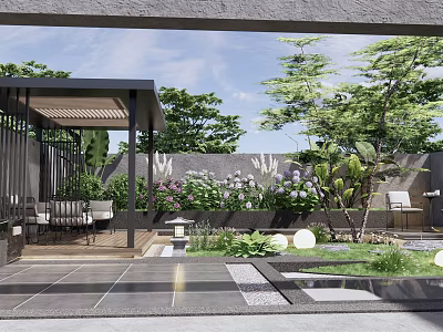 Courtyard Garden Design With Pergola Seating Area Lush Plants And Stone Flooring 3d model