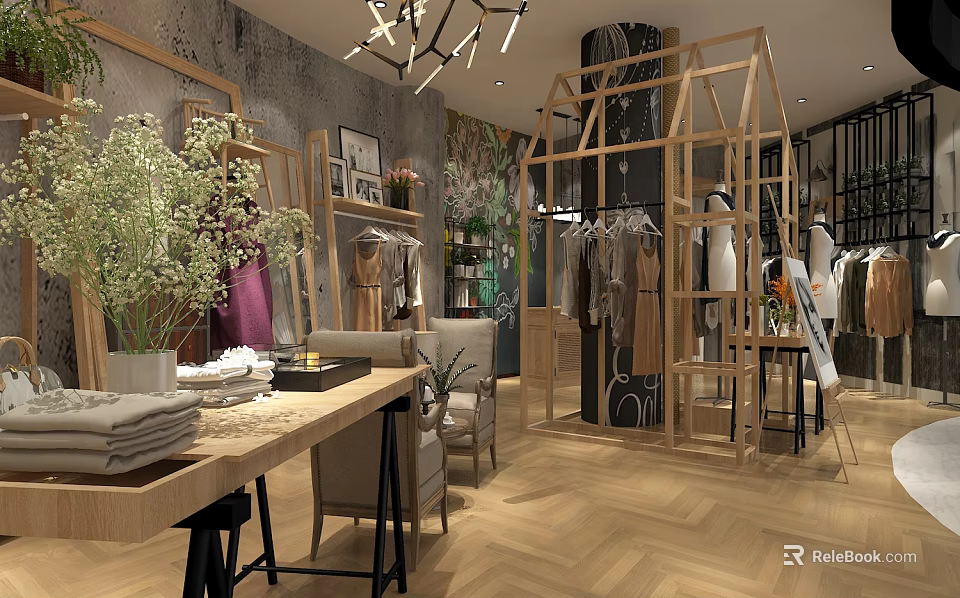Modern Clothing Store Interior With Wooden Display Racks Green Foliage Stylish Apparel And Mannequins 3d model 