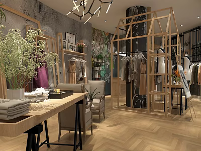 Modern Clothing Store Interior With Wooden Display Racks Green Foliage Stylish Apparel And Mannequins 3d model