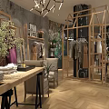Modern Clothing Store Interior With Wooden Display Racks Green Foliage Stylish Apparel And Mannequins