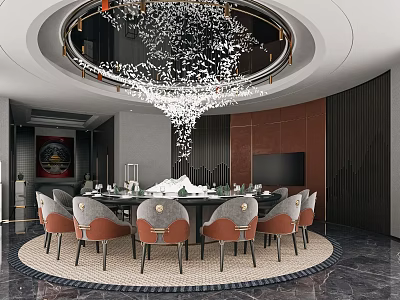 Elegant Private Dining Room With Round Table Crystal Chandelier And Upholstered Seats 3d model