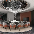 Elegant Private Dining Room With Round Table Crystal Chandelier And Upholstered Seats