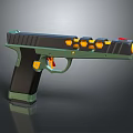 Modern Green and Black Toy Gun with Yellow Dots Red Button and Sleek Design