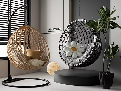Modern Indoor Hanging Chairs Rattan Mesh Design With White Daisy Brown Cushions 3d model