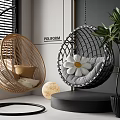 Modern Indoor Hanging Chairs Rattan Mesh Design With White Daisy Brown Cushions