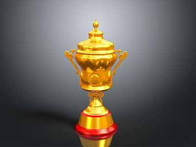 Ornate Shiny Golden Trophy With Decorative Lid Handles And Red Base 3d model