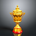 Ornate Shiny Golden Trophy With Decorative Lid Handles And Red Base
