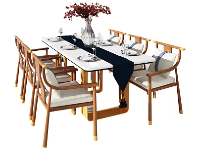 Modern Dining Table Set with Wooden Chairs Vase Red Flowers Tableware Dark Table Runner 3d model