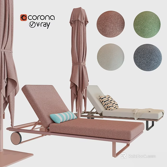 Outdoor Sun Loungers And Curtains With Metal Frames And Colorful Fabric Swatches 3d model 
