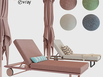 Outdoor Sun Loungers And Curtains With Metal Frames And Colorful Fabric Swatches 3d model