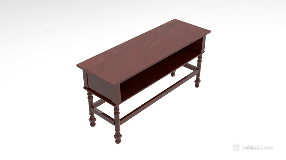 Dark Brown Wooden Office Desk With Rectangular Top And Decorative Legs 3d model 