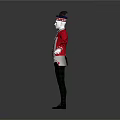 Mannequin Wearing Red Coat White Shirt Black Striped Pants And Hat