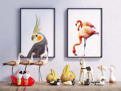Decorative Ornament Set With Bird Wall Art And Flamingo Rabbit Figurines 3d model