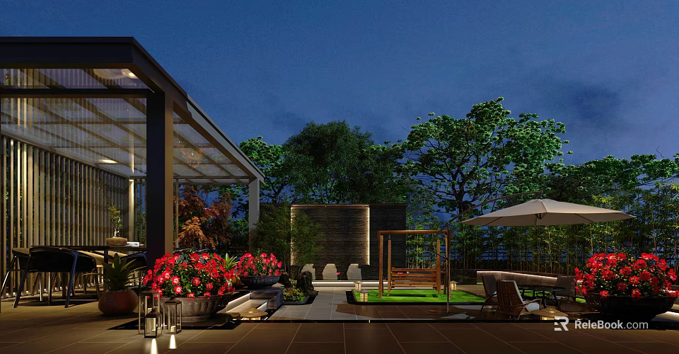 Modern Garden Landscape Design With Green Plants Outdoor Seating Umbrella Shade And Wooden Accents 3d model 