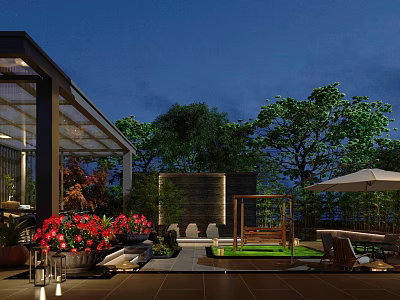 Modern Garden Landscape Design With Green Plants Outdoor Seating Umbrella Shade And Wooden Accents 3d model