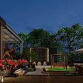 Modern Garden Landscape Design With Green Plants Outdoor Seating Umbrella Shade And Wooden Accents