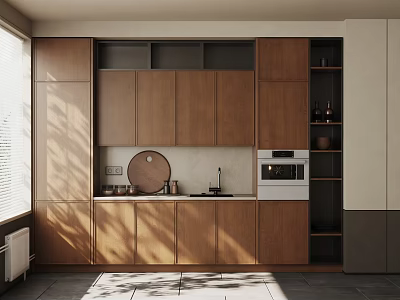 Modern Kitchen Interior With Wooden Cabinets Countertop Oven And Natural Light 3d model