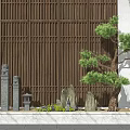 Zen Courtyard Garden With Wooden Lattice Wall Pine Tree Stones And Lantern