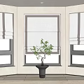Modern Interior With Three Windows Featuring Gray And Brown Roman Blinds And Potted Plant