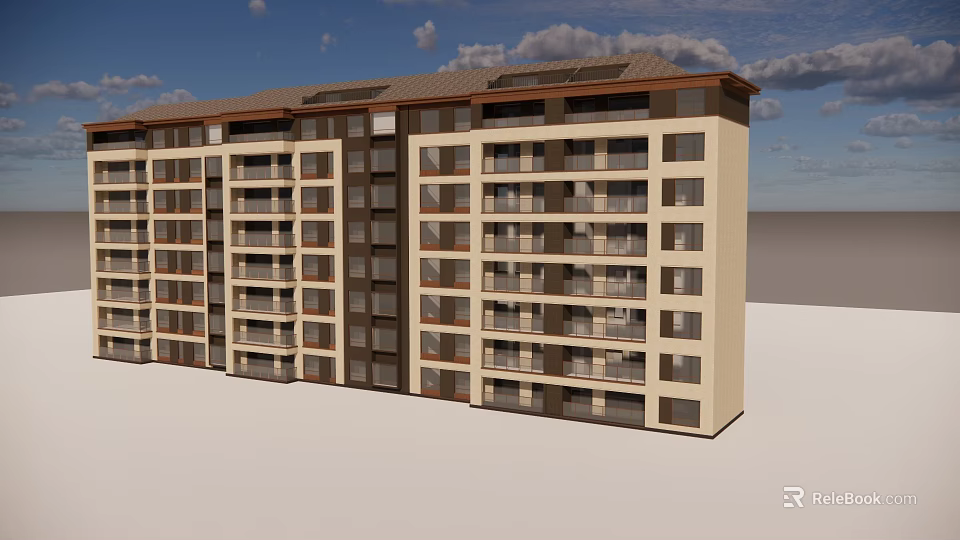 Modern Apartment Building with Beige Exterior Brown Roof Multiple Balconies and Blue Sky Clouds 3d model 