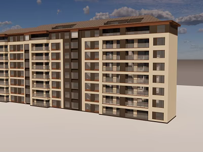 Modern Apartment Building with Beige Exterior Brown Roof Multiple Balconies and Blue Sky Clouds 3d model