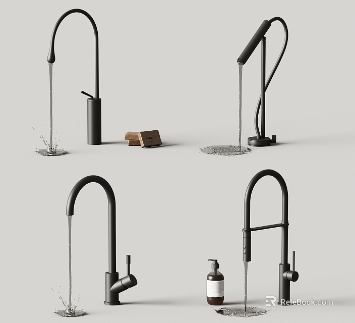 Multiple Modern Black Faucets with Water Flowing Soap Dispenser and Wooden Block 3d model 