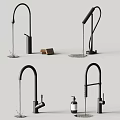Multiple Modern Black Faucets with Water Flowing Soap Dispenser and Wooden Block