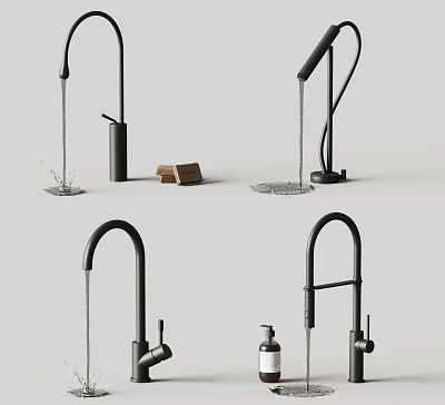Multiple Modern Black Faucets with Water Flowing Soap Dispenser and Wooden Block 3d model