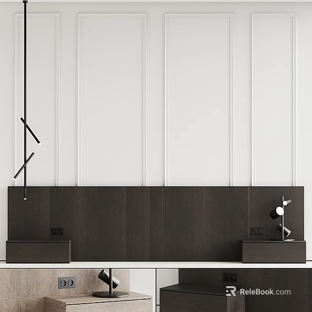 Bed Background Wall With White Vertical Lines Dark Wooden Cabinet And Black Pendant Light 3d model 