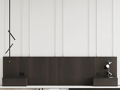Bed Background Wall With White Vertical Lines Dark Wooden Cabinet And Black Pendant Light 3d model