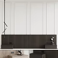 Bed Background Wall With White Vertical Lines Dark Wooden Cabinet And Black Pendant Light