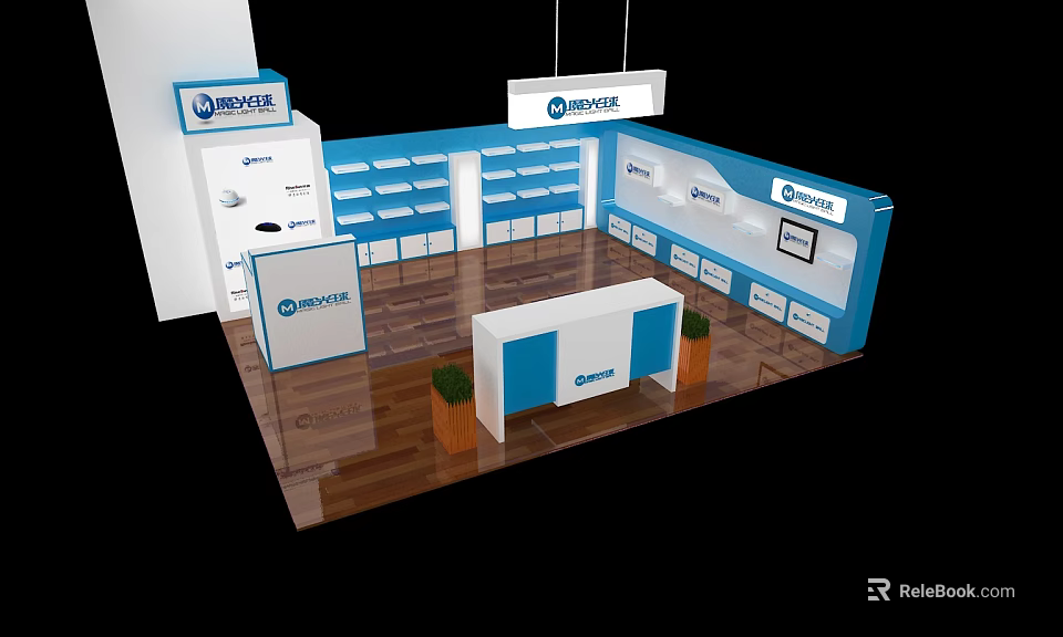 MEYLE Exhibition Booth With Blue White Display Shelves Reception Counter Wooden Flooring And Green Plants 3d model 