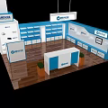 MEYLE Exhibition Booth With Blue White Display Shelves Reception Counter Wooden Flooring And Green Plants
