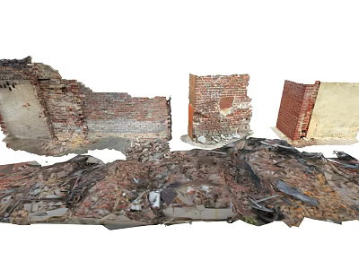 Damaged Public Facility Structure With Collapsed Brick Walls And Rubble Debris 3d model