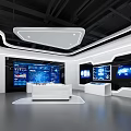 Hi Tech Modern Exhibition Hall Interior With Large Screens Control Desk And LED Lighting