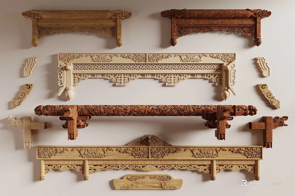 Traditional Chinese Wooden Architectural Components with Intricate Carved Patterns and Decorative Beams 3d model 