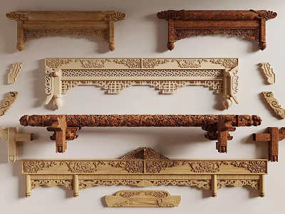 Traditional Chinese Wooden Architectural Components with Intricate Carved Patterns and Decorative Beams 3d model