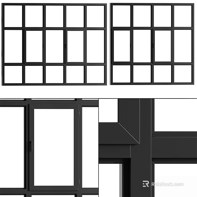 Sleek Modern Black Frame Casement Windows With Multi Grid Design And Clear Glass Panels 3d model 