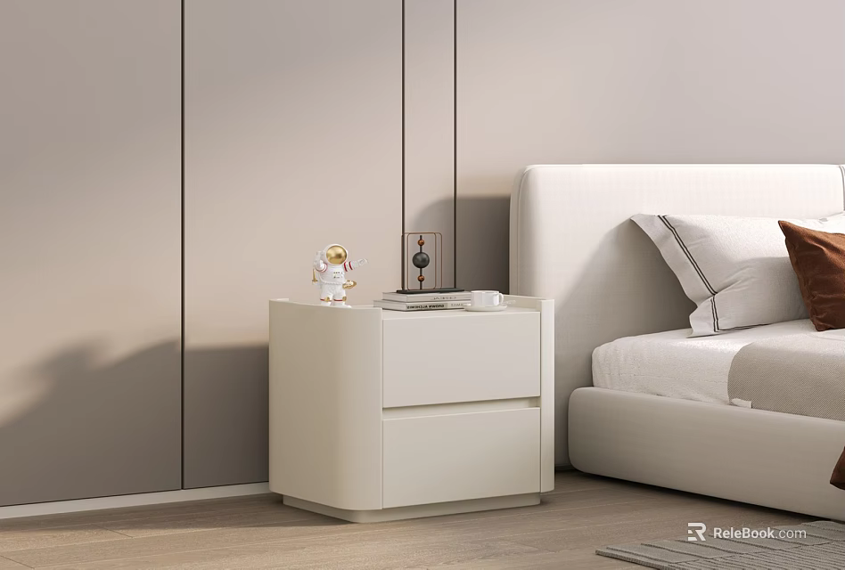 Modern White Bedside Table With Two Drawers And Small Figurine Next To Bed 3d model 