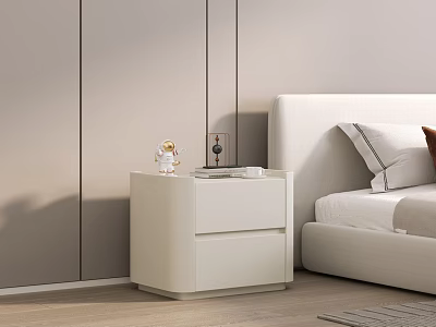 Modern White Bedside Table With Two Drawers And Small Figurine Next To Bed 3d model