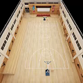 Spacious Basketball Gymnasium Featuring Wooden Floor Basketball Hoop Ceiling Lights And Sports Silhouettes