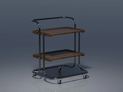 Mobile Storage Shelf with Two Wooden Shelves and Metal Frame on Wheels 3d model