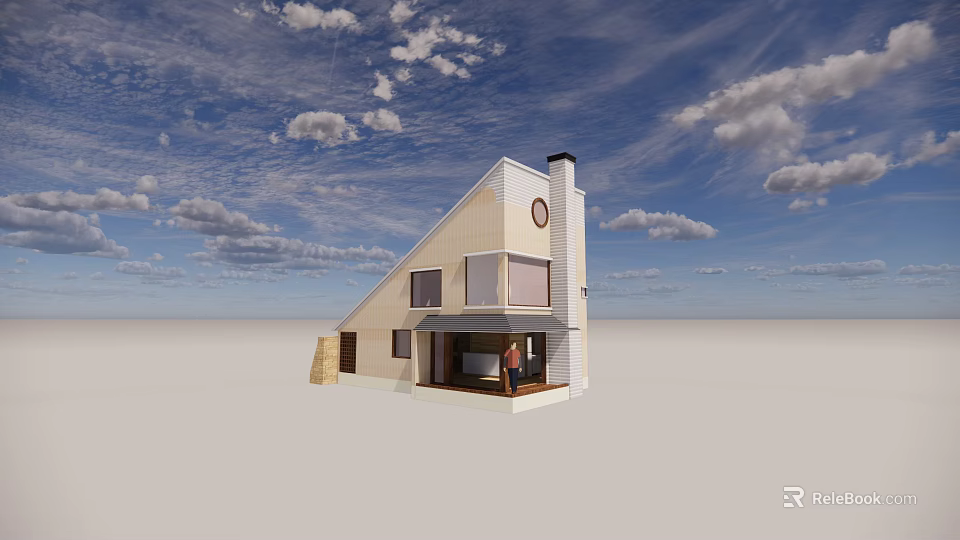 Modern Detached House With Triangular Roof Chimney Large Windows And Porch 3d model 