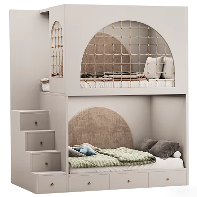 Modern Double Bed Design With Wooden Steps Arched Headboard And Soft Bedding 3d model
