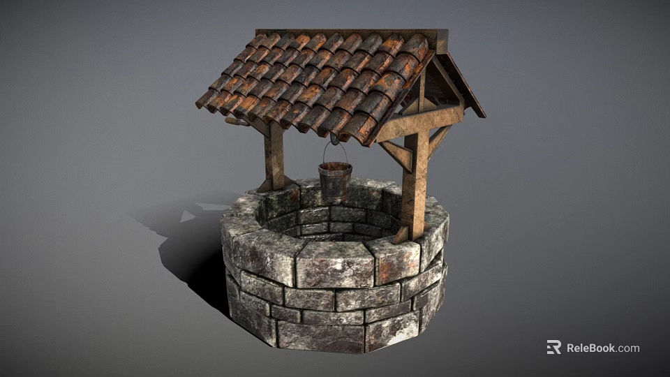 Public Well With Stone Circular Structure And Wooden Tiled Roof Hanging Bucket 3d model 