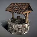 Public Well With Stone Circular Structure And Wooden Tiled Roof Hanging Bucket